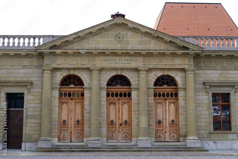Historic and new building of the parliament of Canton Vaud at the old town of Lausanne on a cloudy spring day. Photo taken March 18th, 2022, Lausanne, Switzerland.