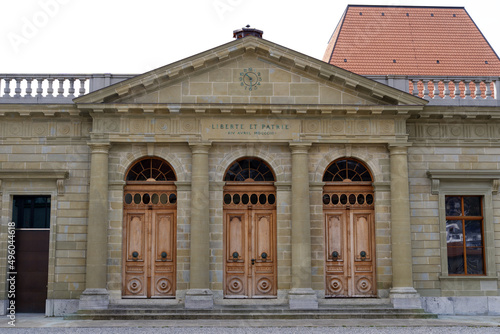 Historic and new building of the parliament of Canton Vaud at the old town of Lausanne on a cloudy spring day. Photo taken March 18th  2022  Lausanne  Switzerland.