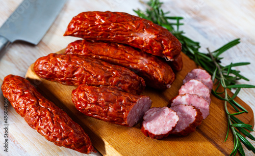 Dried sausages in skin - traditional Czech slim sausages