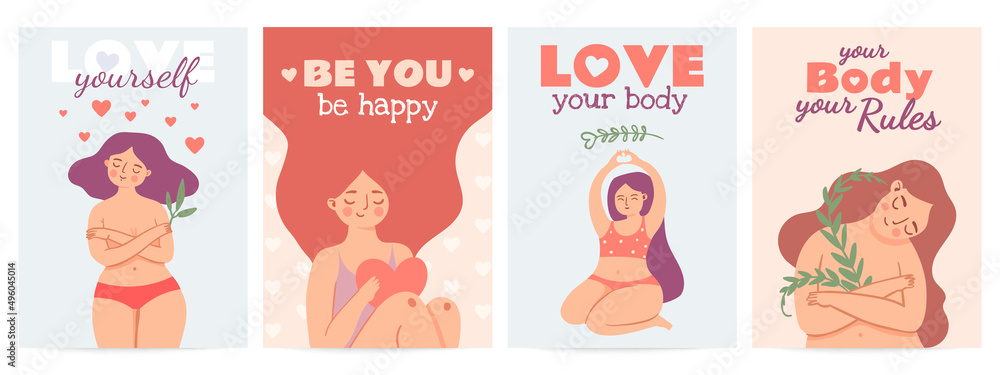 Body positive posters, woman love yourself banners - obrazy, fototapety, plakaty 