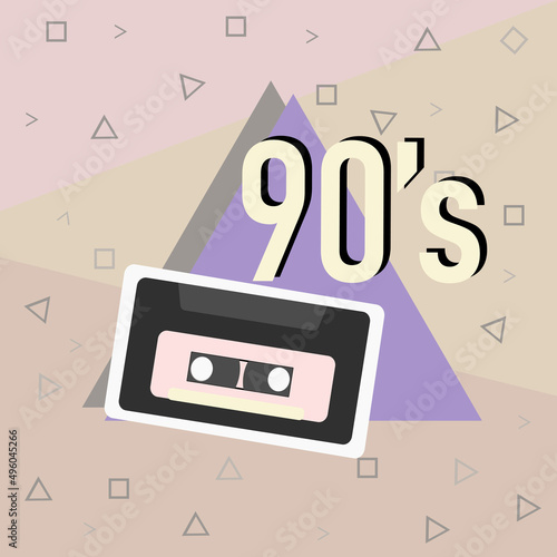Poster in retro style with pink cassette  title "90's" on beige background with triangle and other geometric figures