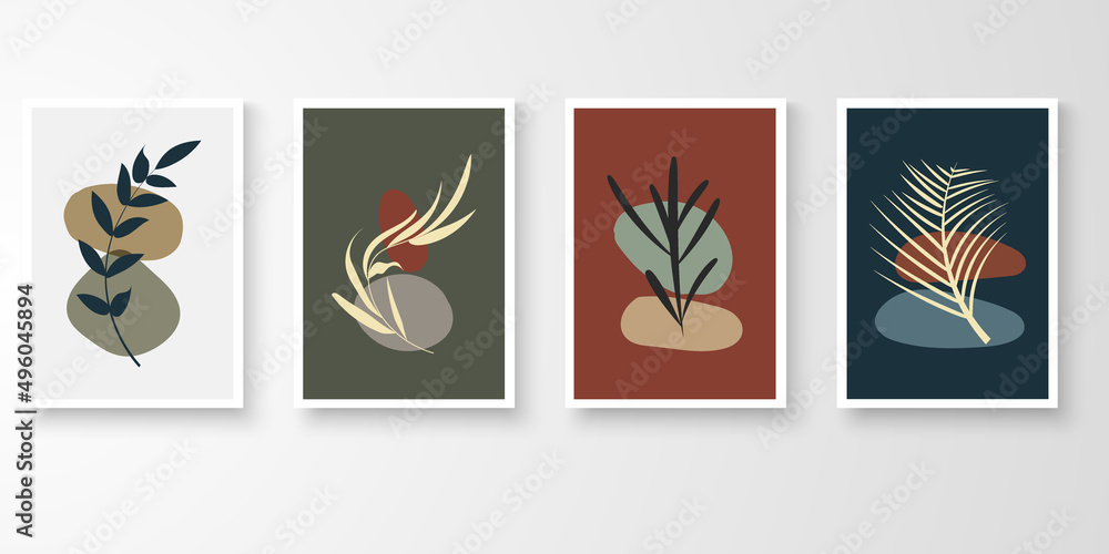 Set of wall art in white frames.Foliage line art drawing with abstract organic shape composition earth tone. Cresendo moon, leaf, stone art vector illustration.