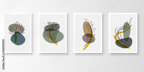 Set ofabstract art nature vector. Modern line art drawing with organic shape composition earth tone color. Foliage botanical leaves, stone art vector illustration.