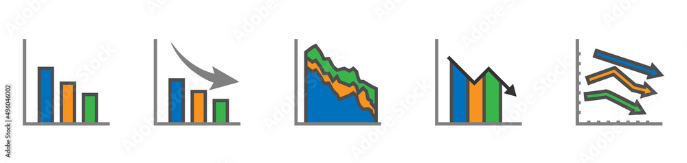 Decrease graph icon. Declining business report symbol. Flat, stroke line, chart graphic vector illustrator. Decrease graph icon. Declining business report symbol. Flat, stroke line, chart graphic vector illustrator.
