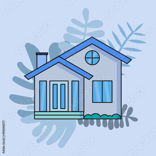 Simple house isolated vector. Blue theme color, black stroke, leaf shape background. Single urban residence vector illustration.
