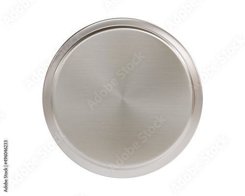 Realistic silver lid mockup top view isolated on white background. 3d render metal bottle or jar cap. Aluminum or tin round container cover. Coin or medal mock up.