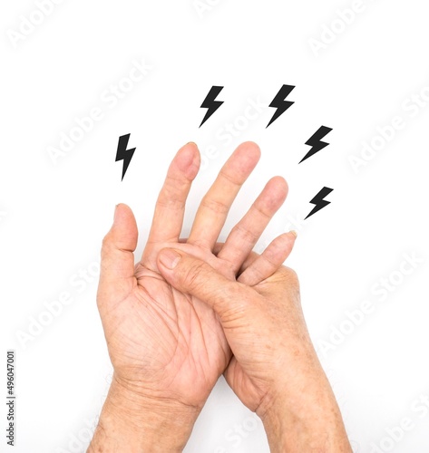Tingling and numbness in hands of Asian young man with diabetes. Finger sensation problems. Hand nerves problems.