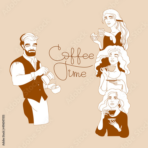 Man, women with a cup of coffee. Coffee Time. Vector.