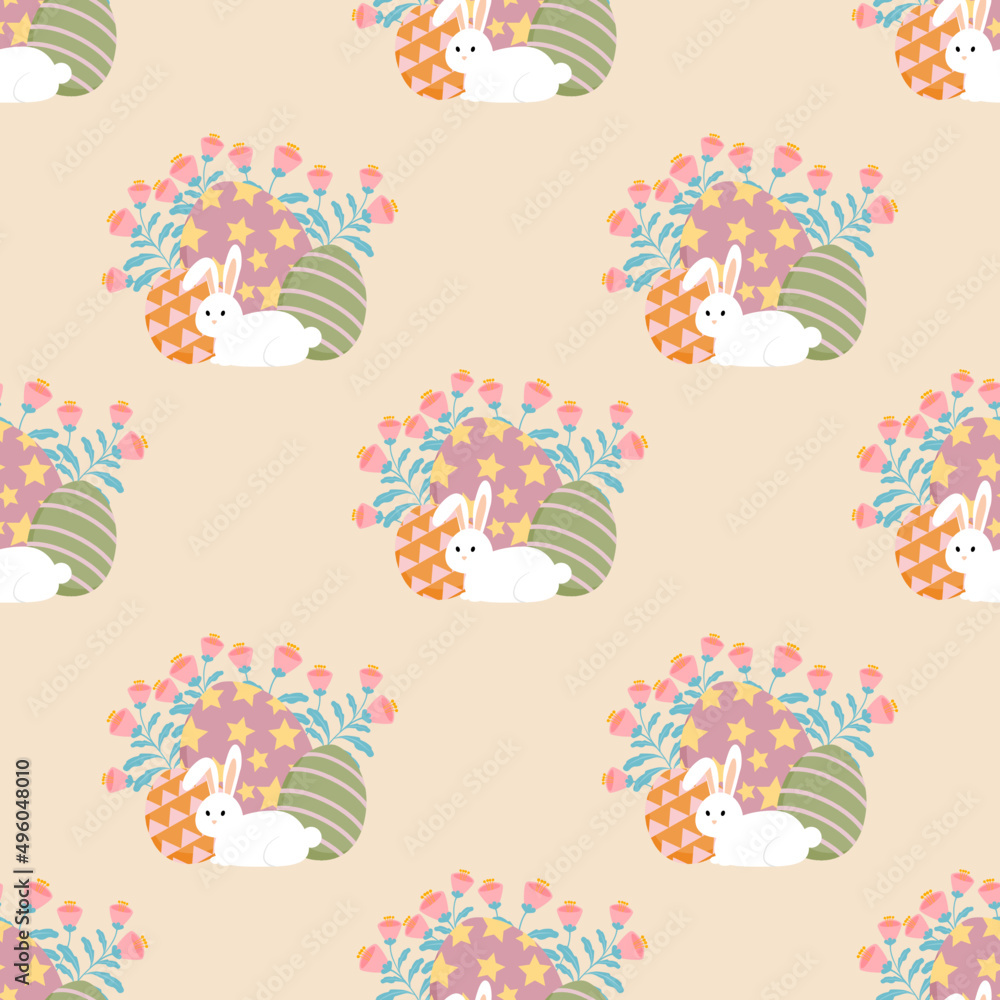 Easter seamless pattern. White bunny with Easter egg. Flat design.