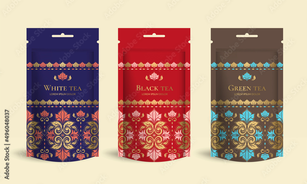 Tea packaging design with zip pouch bag mockup. Vector ornament