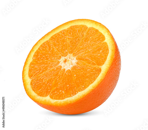 Half slide of Valencia orange or Navel orange on white background.