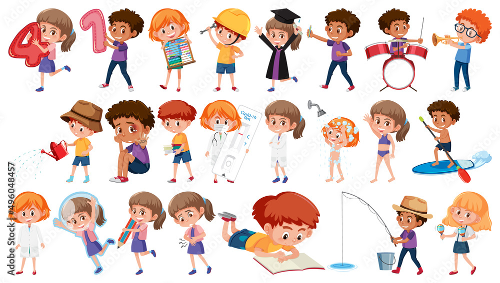 Set of children doing different activities on white background Set of children doing different activities on white background