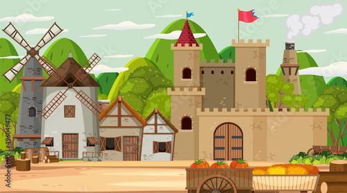 Medieval town scene background © brgfx