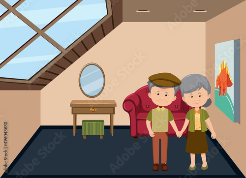 Attic living room scene with cartoon character