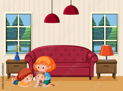 Living room scene with children cartoon character