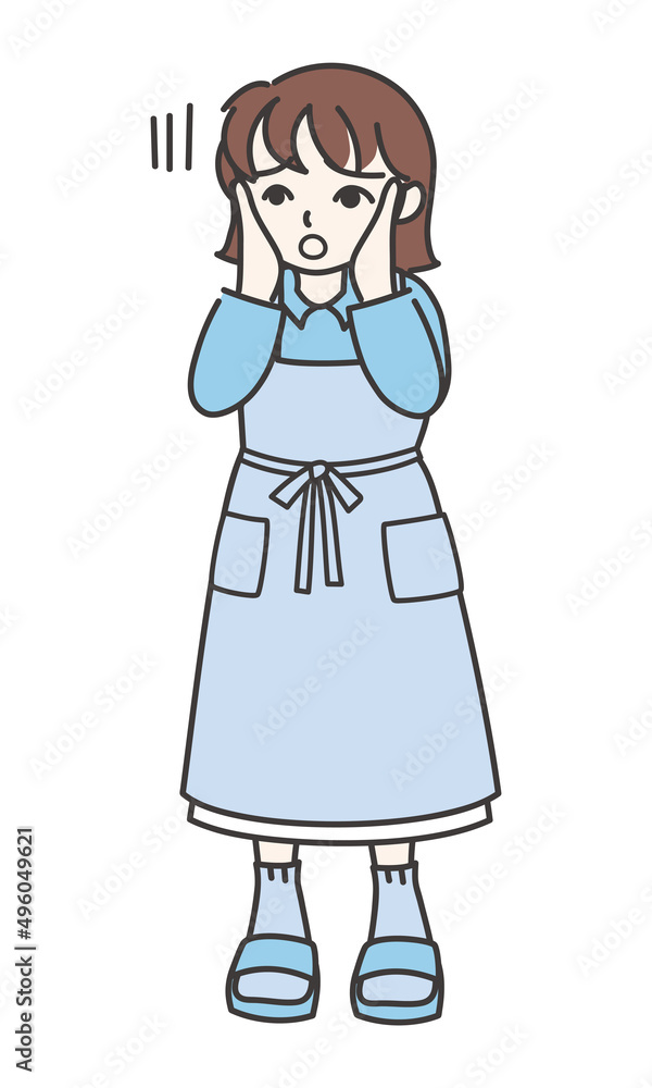 頬に手を当てて困っているエプロン姿の女性A【カラー/全身】 頬に手を当てて困っているエプロン姿の女性A【カラー/全身】