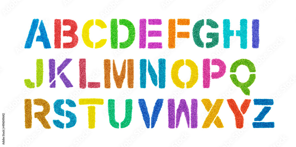 Colorful alphabet made of glitter isolated on white