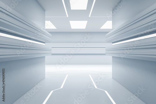 Abstract futuristic white corridor. Design and hallway concept. 3D Rendering.