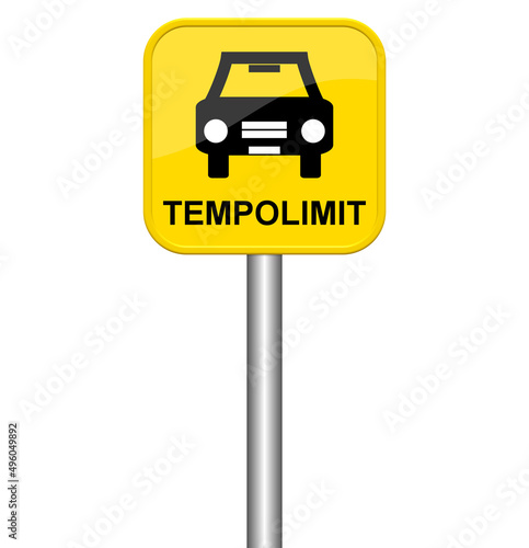Tempolimit - Gelbes isoliertes Schild mit Auto Symbol