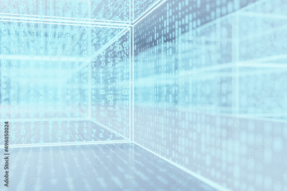 Abstract glowing cyber binary code room. Technology and matrix concept. 3D Rendering. Abstract glowing cyber binary code room. Technology and matrix concept. 3D Rendering.