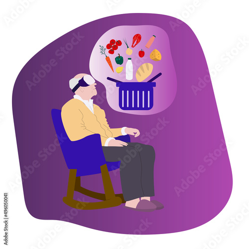 Elderly man shopping in virtual glasses, buy products in metaverse 