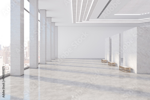 Modern light concrete public gallery with window city view and empty mock up place for your advertisement. 3D Rendering.