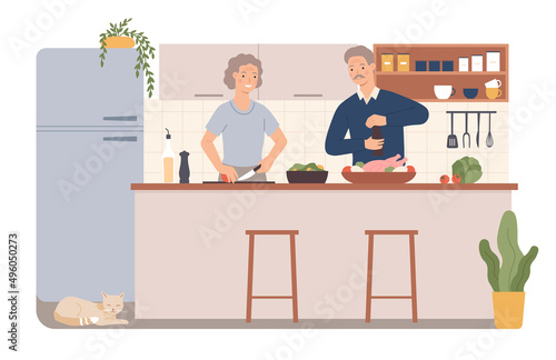 People cooking at home, make breakfast together