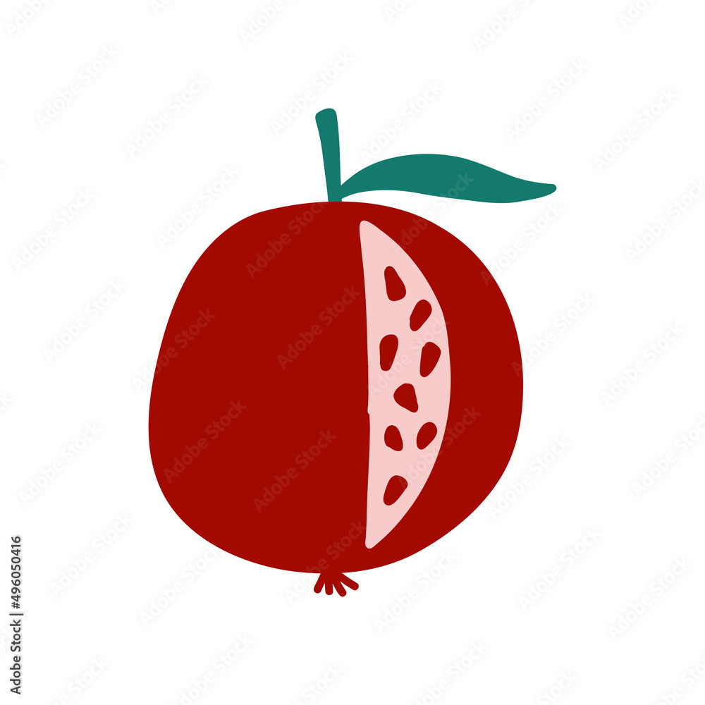 Fototapeta premium Cut pomegranate with green leaf and red seeds in cartoon flat style on white background. Vector illustration of colorful fresh fruit
