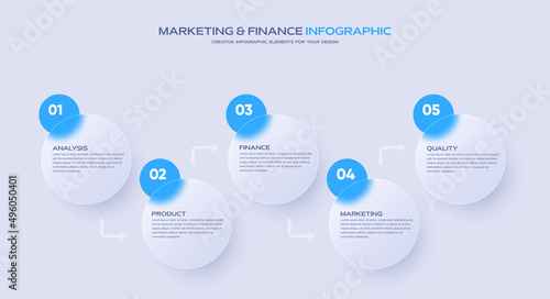 Business timeline chart template. Infographic 5 steps. Glass morphism effect. Vector illustration.