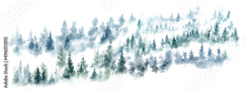 Watercolor background drawn landscape of foggy forest Wild nature  frozen  misty  taiga. Mountain slope foggy forest