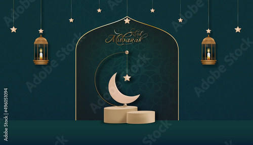Islamic Podium with Traditional islamic lantern with Crescent moon,Star hanging on green background, Vector Backdrop of Religion of Muslim Symbolic,Eid al fitr, Ramadan Kareem,Eid al Adha,Eid Mubarak