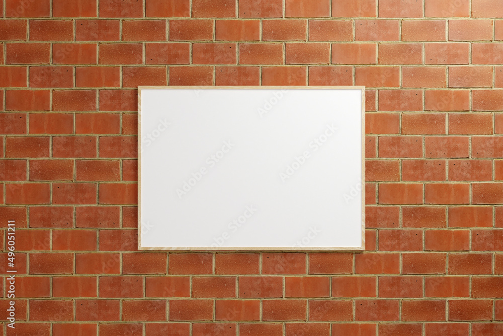 custom made wallpaper toronto digitalMinimalist hanging horizontal wooden poster or photo frame mockup in brick wall