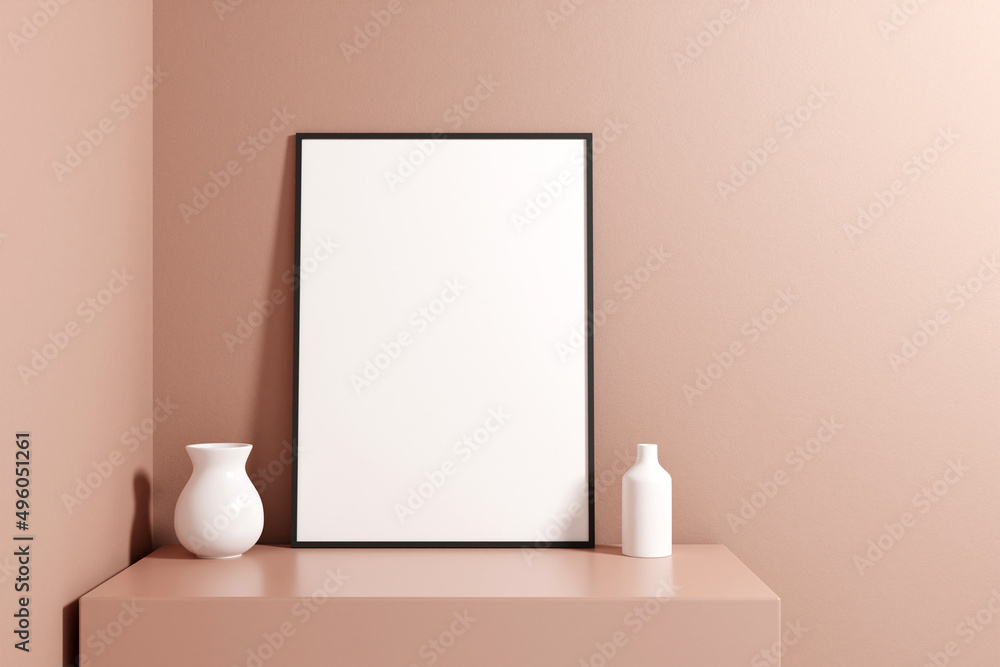 Minimalist and clean vertical black poster or photo frame mockup on the podium table Minimalist and clean vertical black poster or photo frame mockup on the podium table