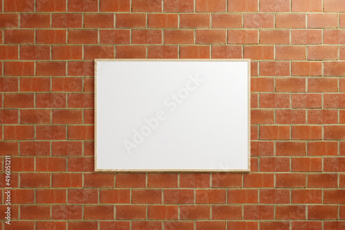 Wallpaper Mural Minimalist hanging horizontal wooden poster or photo frame mockup in brick wall Torontodigital.ca