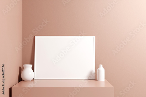 Minimalist and clean horizontal white poster or photo frame mockup on the podium table