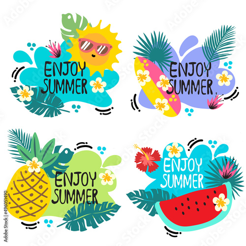 enjoy summer logo label concepts banner design sun surfboard watermelon
