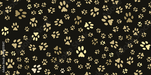 Pet footprints horizontal seamless pattern. Animal print. Gold prints of tracks of a cat, dog on a black background. Pet paw print silhouettes. Vector