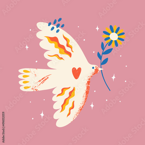 Concept for world peace day postcard with dove, sunflower, heart and fire. Stop war in Ukraine. Poster with symbol, no war, world day of peace, equality and love. Hand drawn vector illustration. photo
