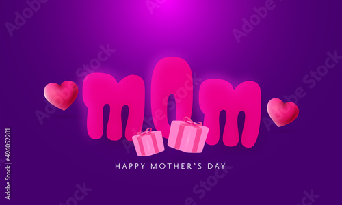 Pink Mom Font With Glossy Hearts, 3D Gift Boxes On Purple Background For Happy Mother's Day Concept.