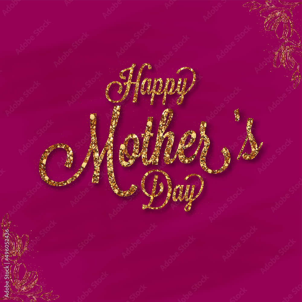 Golden Glittering Happy Mother's Day Font And Flourish On Pink Background.