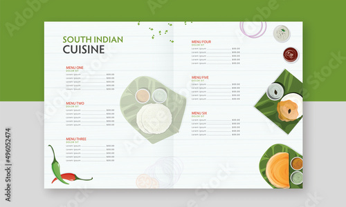 South Indian Cuisine Bi-Fold Brochure Menu Card With Top View Of Delicious Dishes For Publishing. photo