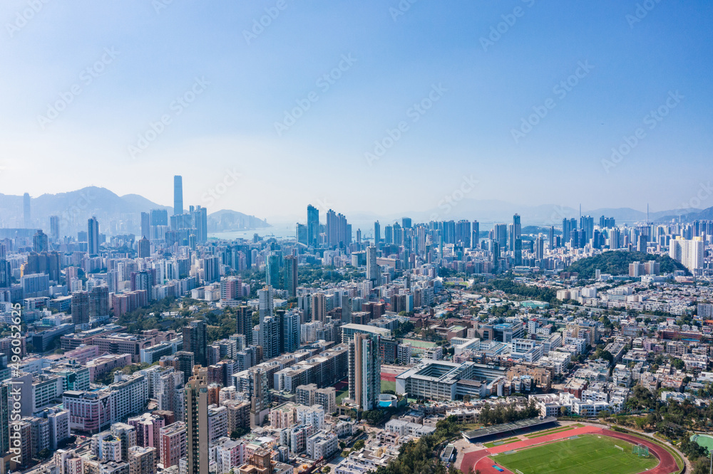 aerial view of cityscape of kowloon, center of Hong Kong, asia