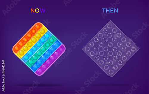 Comparison of anti-stress toys old and new. Pop it versus bubble wrap. Silikon multi-colored and bubble wrap. Toys for parents and their children. The concept of different generations. Vector 2022