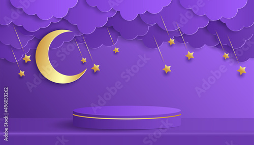 Paper cut of dark purple color cylinder podium for products display presentation. Night clouds and crescent moon with shooting star. Good night and sweet dream concept.