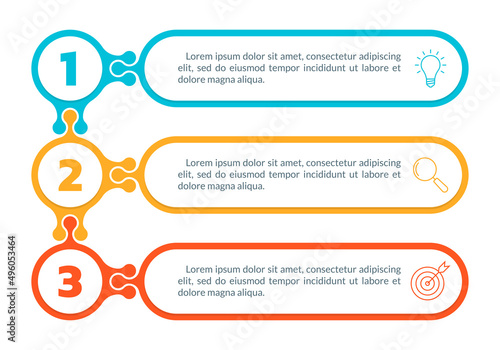 3 step infograph with business icons. Vertical infographic, business process, presentation template. List or schedule with three numbers. Layout, banner, brochure design. Vector illustration.