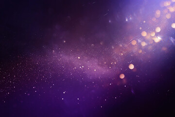 purple, gold and black glitter vintage lights background. defocused