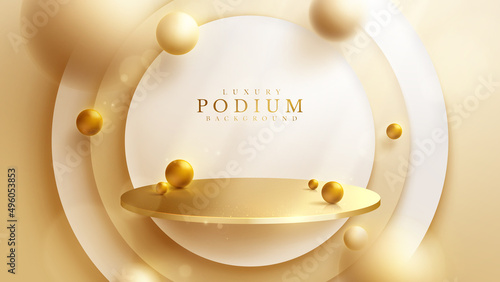 Luxury background with product display podium and 3d gold ball element and blur effect decoration and glitter light and bokeh.