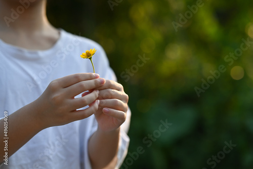 Girl holding small yellow flower against blurred green nature background and sunlight. Earth day, Ecology concept.