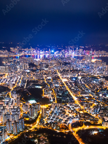 epic view of Hong Kong Night  from Kowloon to Hong Kong Island. metropolis in Asia