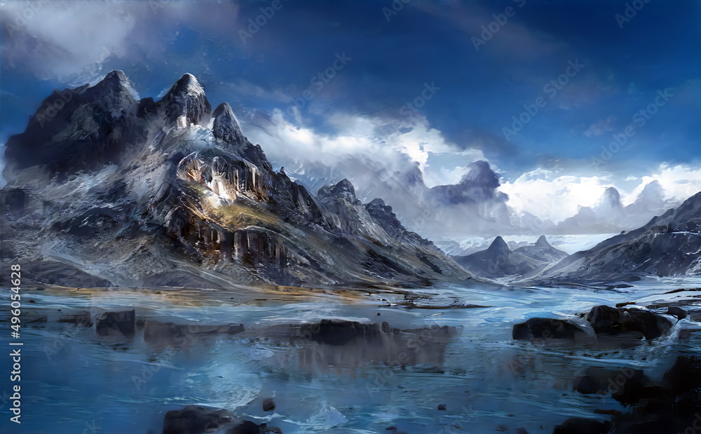 Fantastic Winter Epic Magical Landscape of Mountains. Frozen nature. Glacier in the mountains. Mystic Valley. Artistic oil painting. Artwork sketch. Gaming background. Book  Cover and Poster